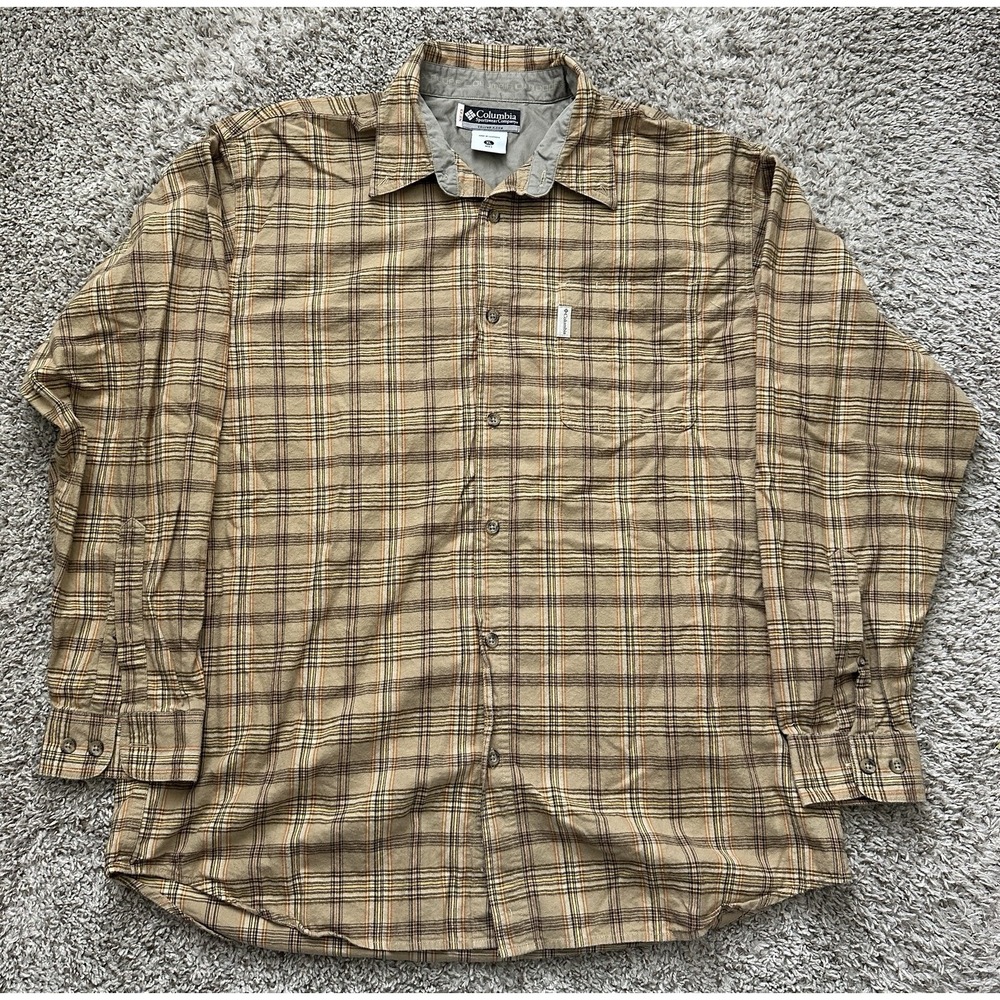 Columbia Long Sleeve Button Up Tan Plaid Shirt Size XL